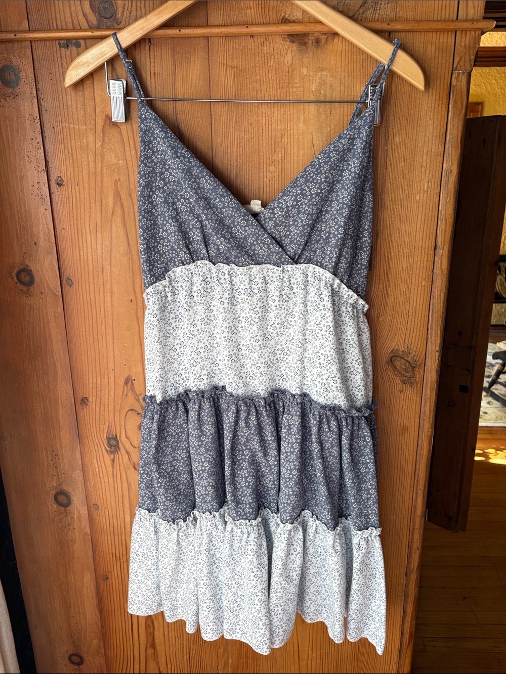 Tiered Floral Cotton Spaghetti-Strap Dress in Navy and White
